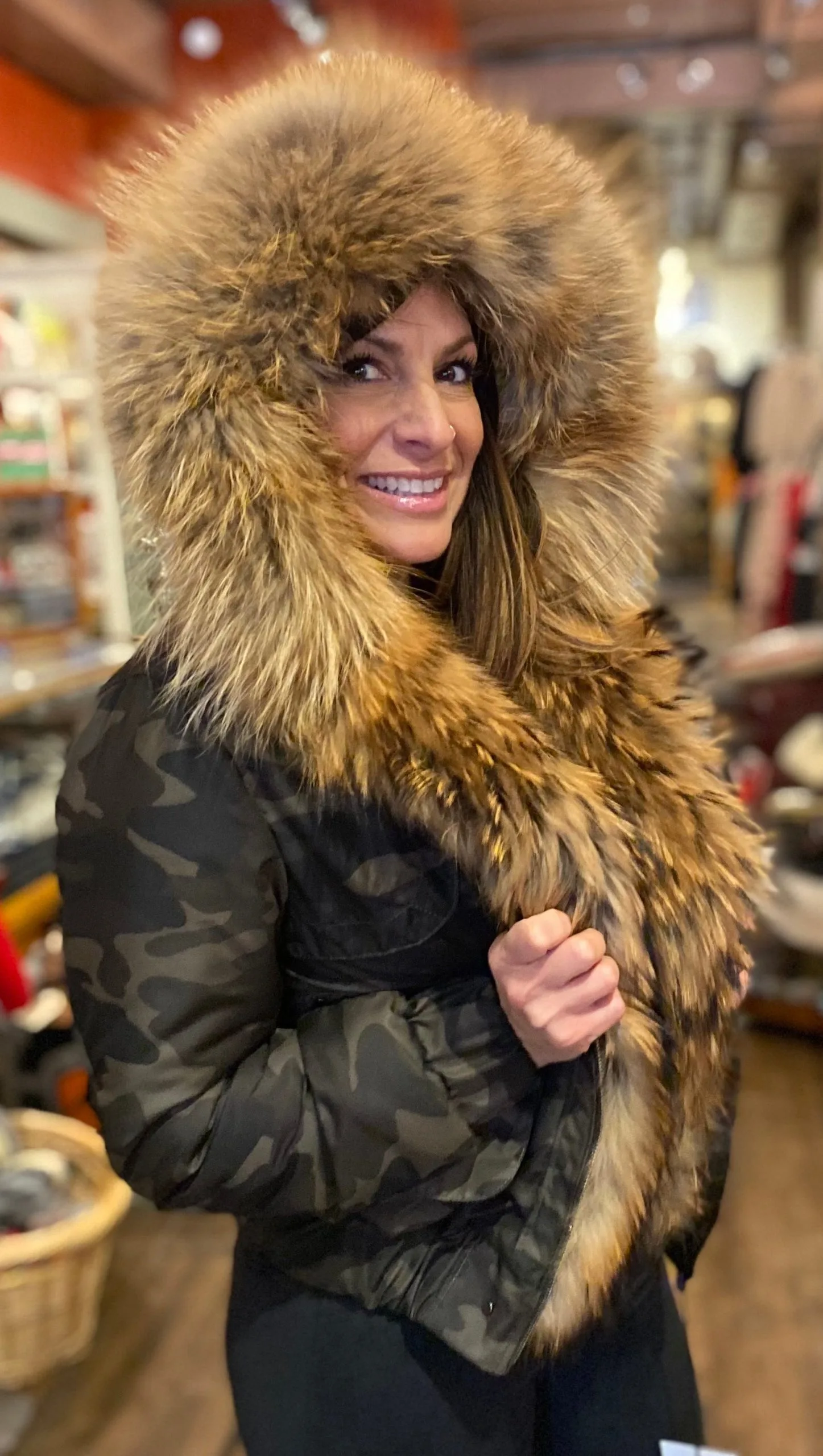 Bergen Of Norway Womens Ashley Camo Finnish Raccoon Fur Winter Bomber Jacket 3 Bergen Of Norway Womens Ashley Camo Finnish Raccoon Fur Winter Bomber Jacket - Image 3