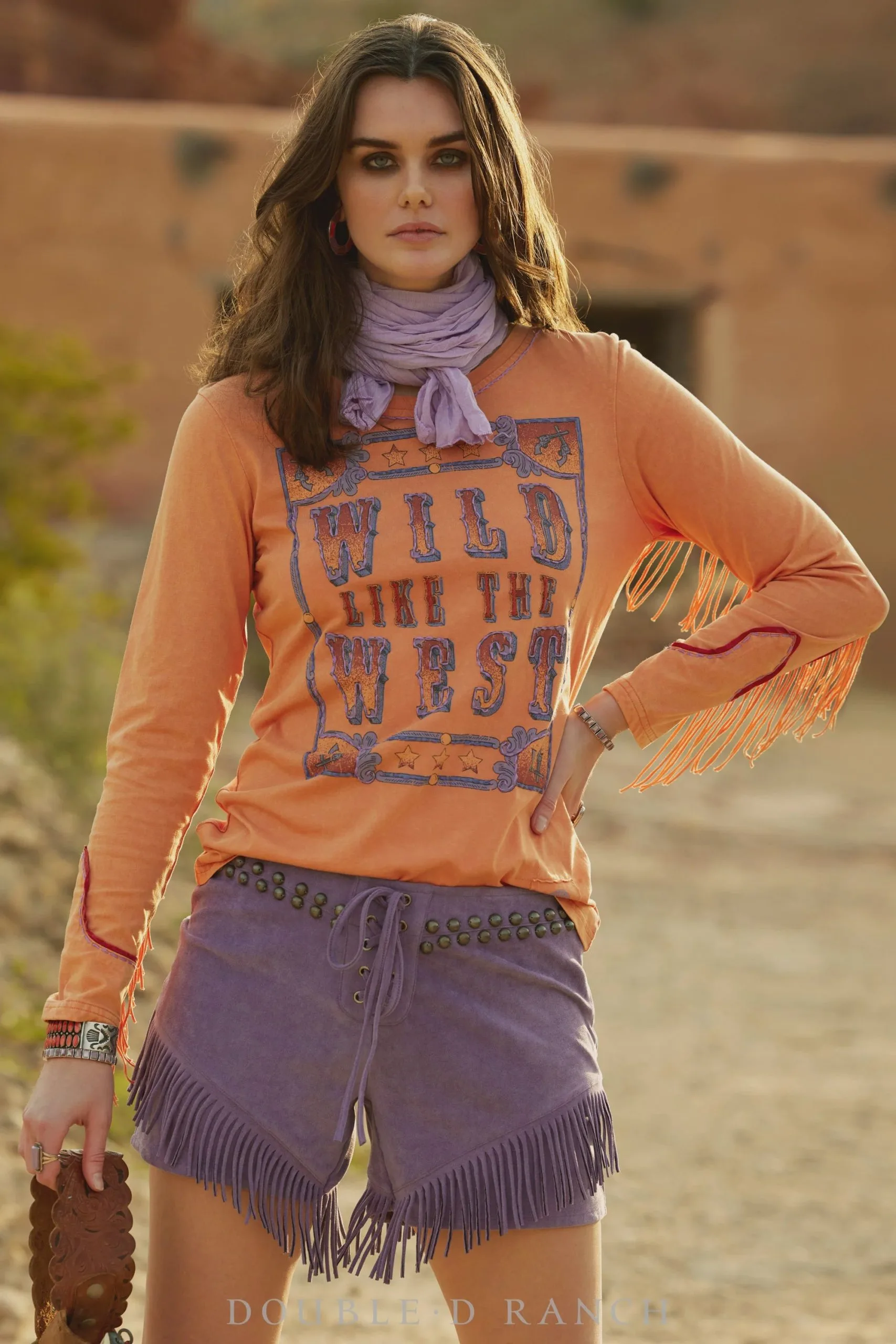 Double D Ranch Wild Like The West Women's Tee In Peach Of The Billy The Kid Collection 1 Double D Ranch Wild Like The West Women's Tee In Peach Of The Billy The Kid Collection
