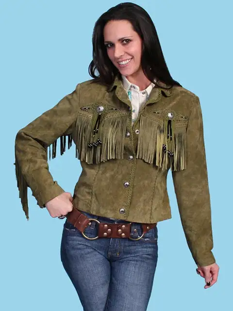 Scully Women's Fringe Leather Jacket In Olive With Beads L152 1 Scully Women's Fringe Leather Jacket In Olive With Beads L152