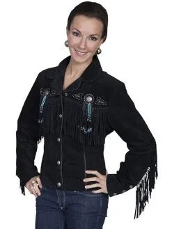 Scully Women's Black Fringe Bead Leather Jacket LD L152