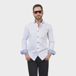 7 Downie St. 7 Downie Dress Shirt In Solid White With Navy Buttons Long Sleve